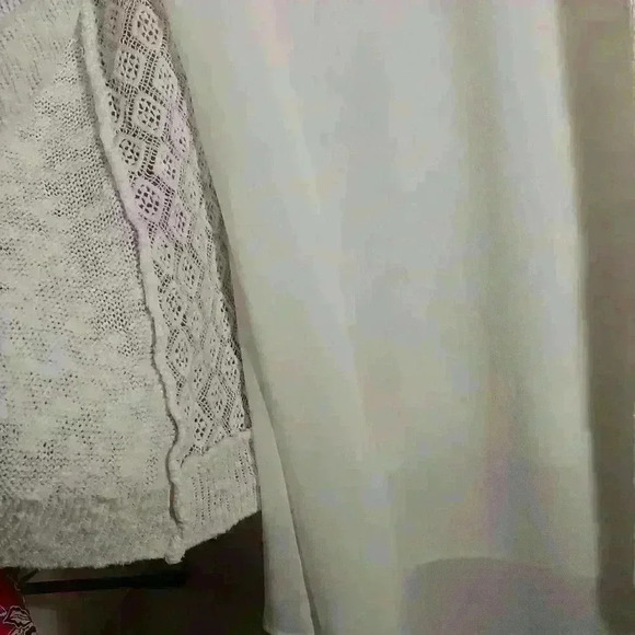 Womens S white cream Lucky Brand sweater 2 layer knit crochet detail button back - Picture 6 of 7